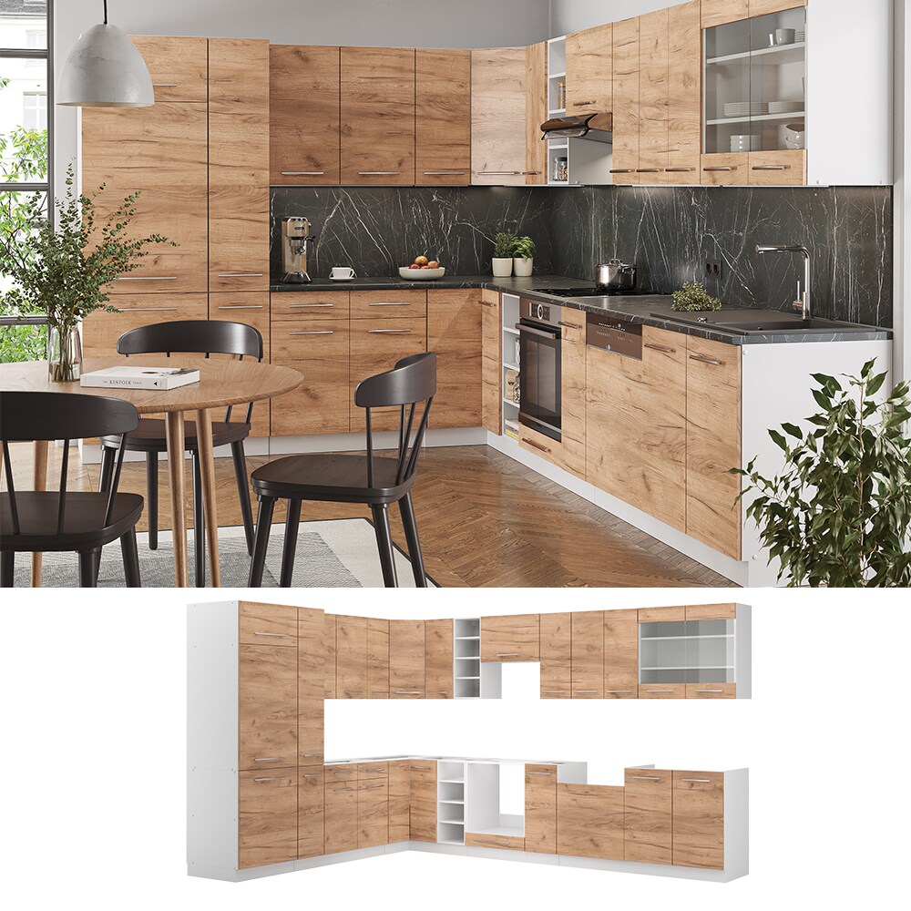 Vicco Eckk&uuml;che K&uuml;chenzeile Einbauk&uuml;che Fame-Line Wei&szlig; Eiche 257x347 cm modern Sp&uuml;lenunterschrank Unterschrank Herdumbauschrank H&auml;ngeschrank K&uuml;hlumbauschrank Apothekerhochschrank Blende 