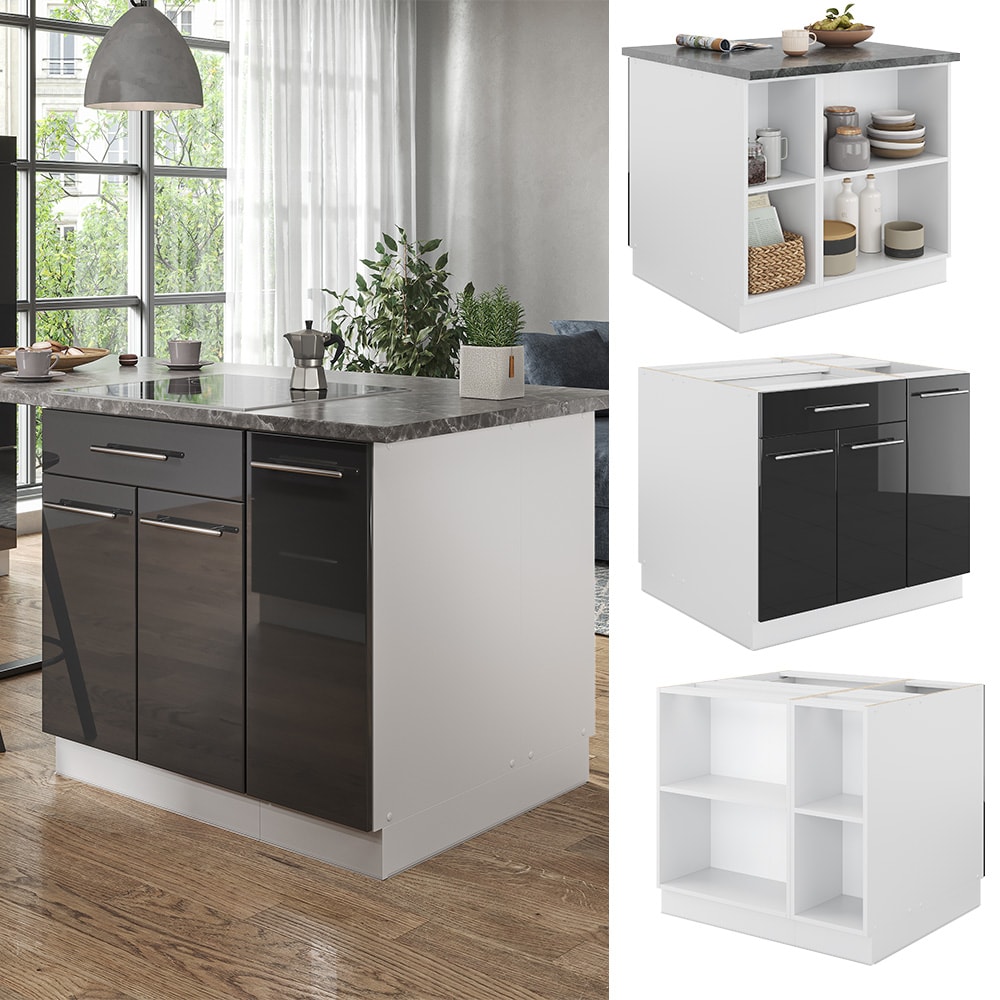 Vicco K&uuml;cheninsel K&uuml;chenblock Einbauk&uuml;che Fame-Line Wei&szlig; Anthrazit 90 cm modern Hochglanz K&uuml;chen Schr&auml;nke Apothekerunterschrank Schubunterschrank Regalinselunterschrank Softclose-Scharnier K&uuml;chenm&ouml;bel 