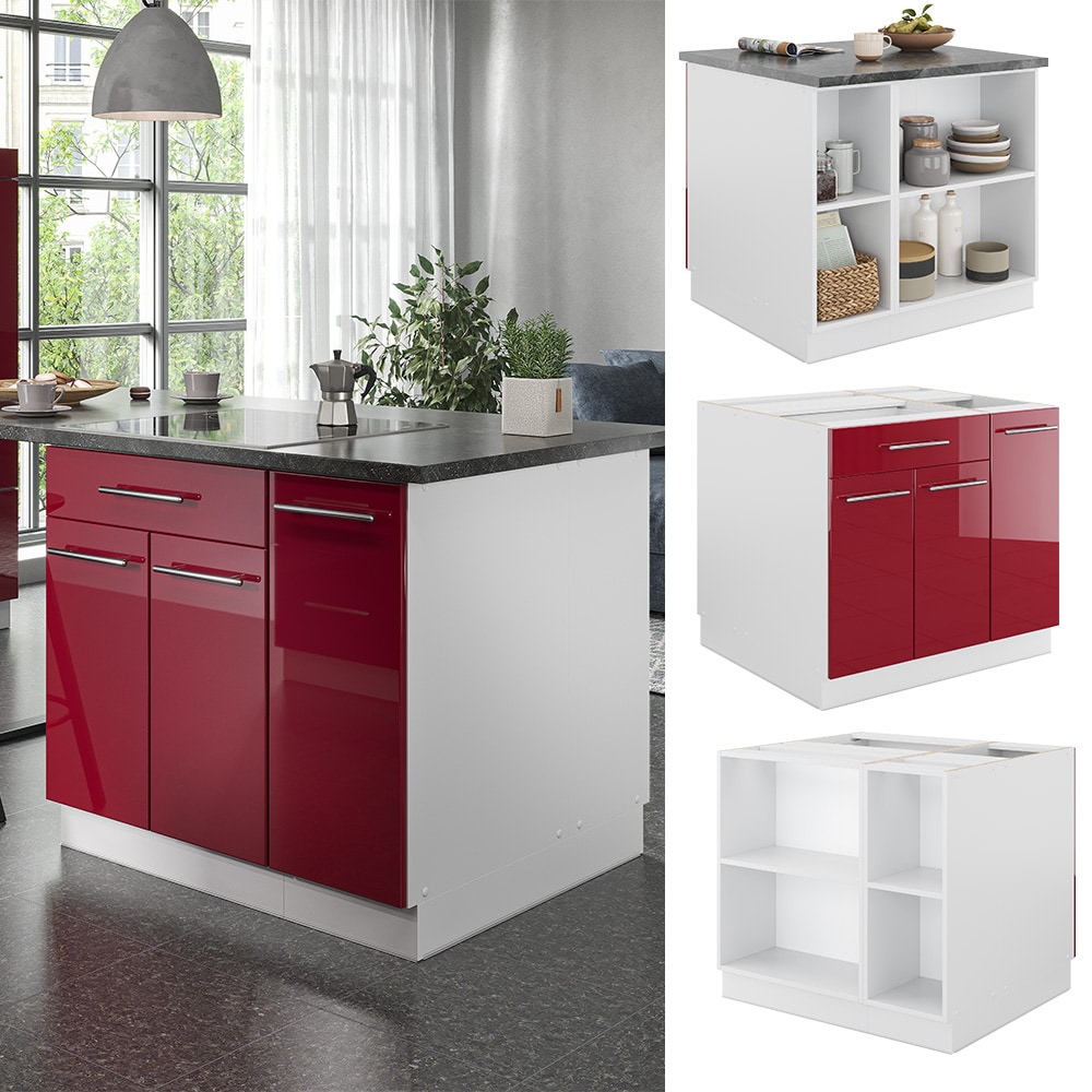 Vicco K&uuml;cheninsel K&uuml;chenblock Einbauk&uuml;che Fame-Line Wei&szlig; Bordeaux-Rot 90 cm modern Hochglanz K&uuml;chen Schr&auml;nke Apothekerunterschrank Schubunterschrank Regalinselunterschrank Softclose-Scharnier K&uuml;chenm&ouml;bel 