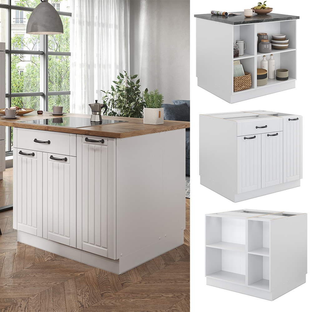 Vicco K&uuml;cheninsel K&uuml;chenblock Einbauk&uuml;che Fame-Line Landhaus Wei&szlig; 90 cm K&uuml;chen Schr&auml;nke Apothekerunterschrank Schubunterschrank Regalinselunterschrank Softclose-Scharnier K&uuml;chenm&ouml;bel 