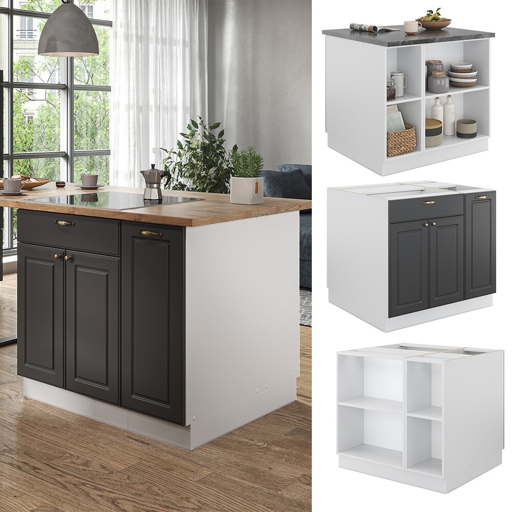 Vicco K&uuml;cheninsel K&uuml;chenblock Einbauk&uuml;che Fame-Line Landhaus Wei&szlig; Anthrazit 90 cm Gold K&uuml;chen Schr&auml;nke Apothekerunterschrank Schubunterschrank Regalinselunterschrank Softclose-Scharnier K&uuml;chenm&ouml;bel 