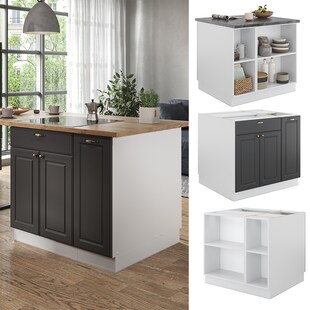 Vicco Kücheninsel Küchenblock Einbauküche Fame-Line Landhaus Weiß Anthrazit 90 cm Gold Küchen Schränke Apothekerunterschrank Schubunterschrank Regalinselunterschrank Softclose-Scharnier Küchenmöbel 
