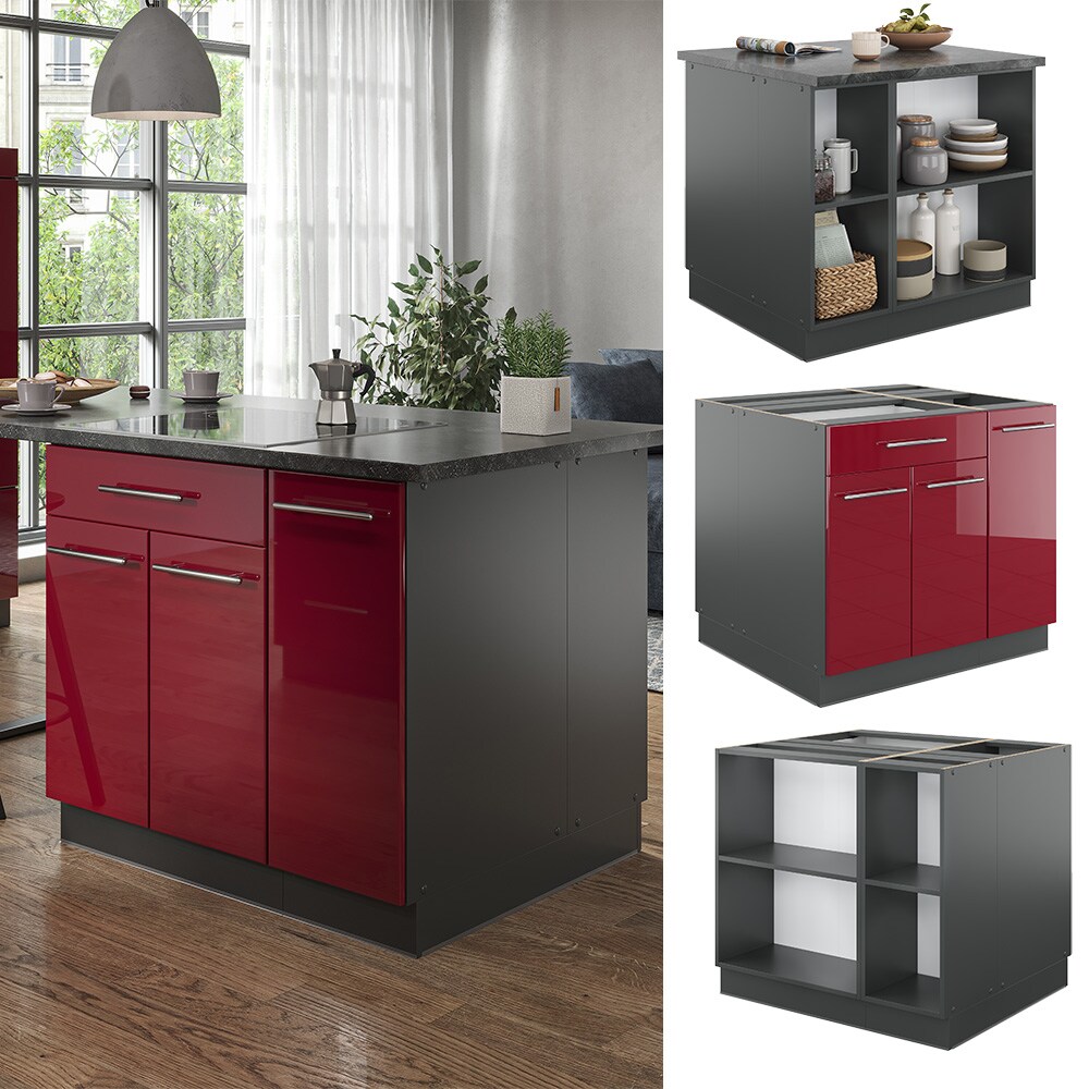 Vicco K&uuml;cheninsel K&uuml;chenblock Einbauk&uuml;che Fame-Line Anthrazit Bordeaux Rot 90 cm modern Hochglanz K&uuml;chen Schr&auml;nke Apothekerunterschrank Schubunterschrank Regalinselunterschrank Softclose-Scharnier K&uuml;chenm&ouml;bel 