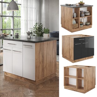 Vicco Kücheninsel Küchenblock Einbauküche Fame-Line Eiche Anthrazit 90 cm modern Hochglanz Küchen Schränke Apothekerunterschrank Schubunterschrank Regalinselunterschrank Softclose-Scharnier Küchenmöbel 