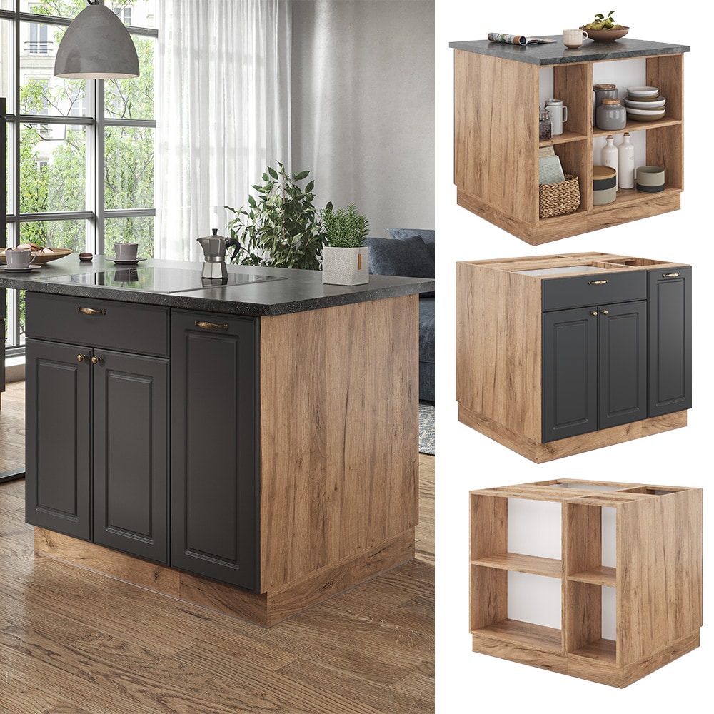 Vicco K&uuml;cheninsel K&uuml;chenblock Einbauk&uuml;che Fame-Line Landhaus Eiche Anthrazit 90 cm Gold K&uuml;chen Schr&auml;nke Apothekerunterschrank Schubunterschrank Regalinselunterschrank Softclose-Scharnier K&uuml;chenm&ouml;bel 