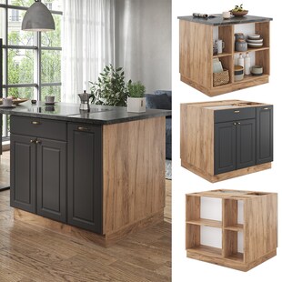 Vicco Kücheninsel Küchenblock Einbauküche Fame-Line Landhaus Eiche Anthrazit 90 cm Gold Küchen Schränke Apothekerunterschrank Schubunterschrank Regalinselunterschrank Softclose-Scharnier Küchenmöbel 