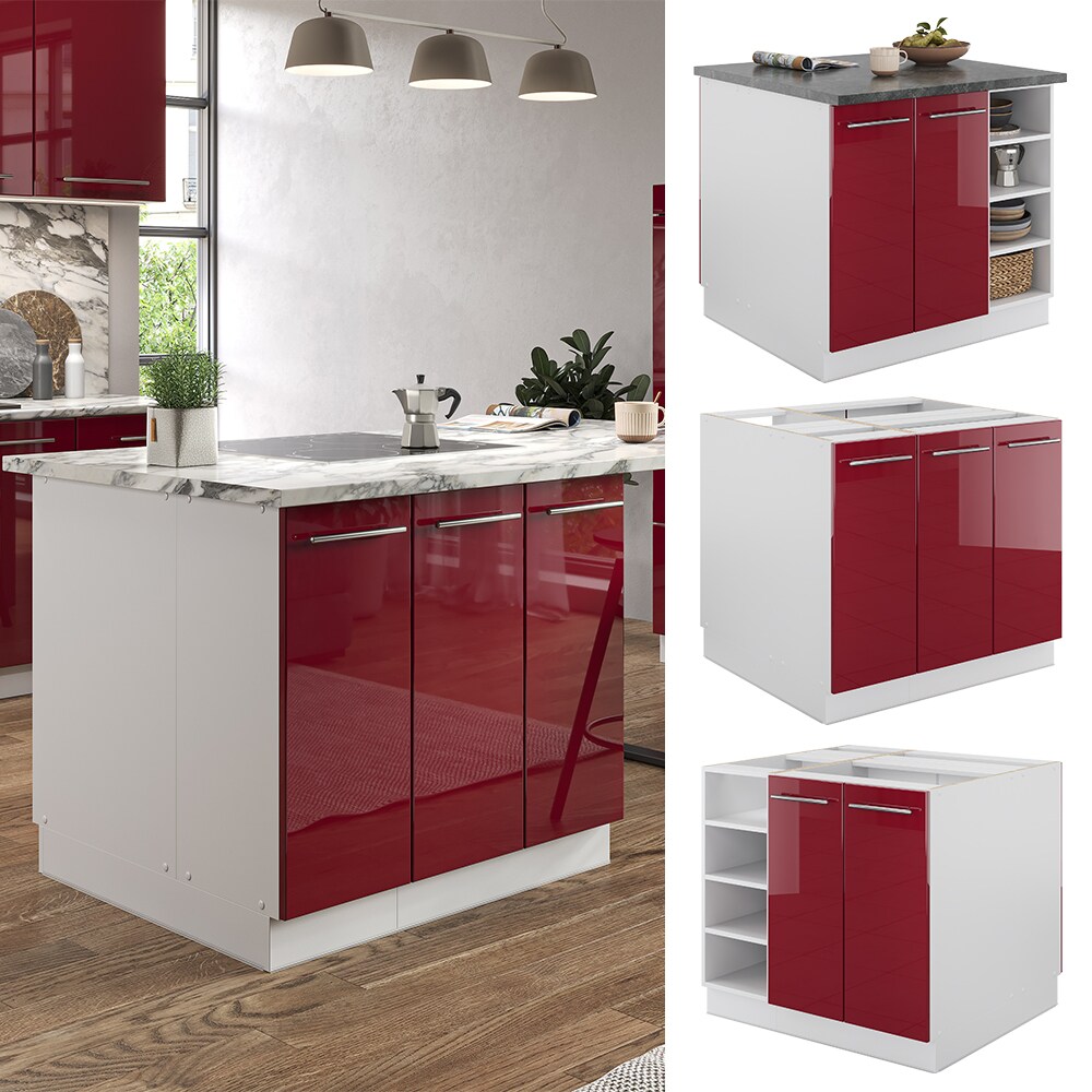 Vicco K&uuml;cheninsel K&uuml;chenblock Einbauk&uuml;che Fame-Line Wei&szlig; Bordeaux-Rot 90 cm modern Hochglanz K&uuml;chen Schr&auml;nke Regalunterschrank K&uuml;chenunterschrank Regalinselunterschrank Softclose-Scharnier K&uuml;chenm&ouml;bel 