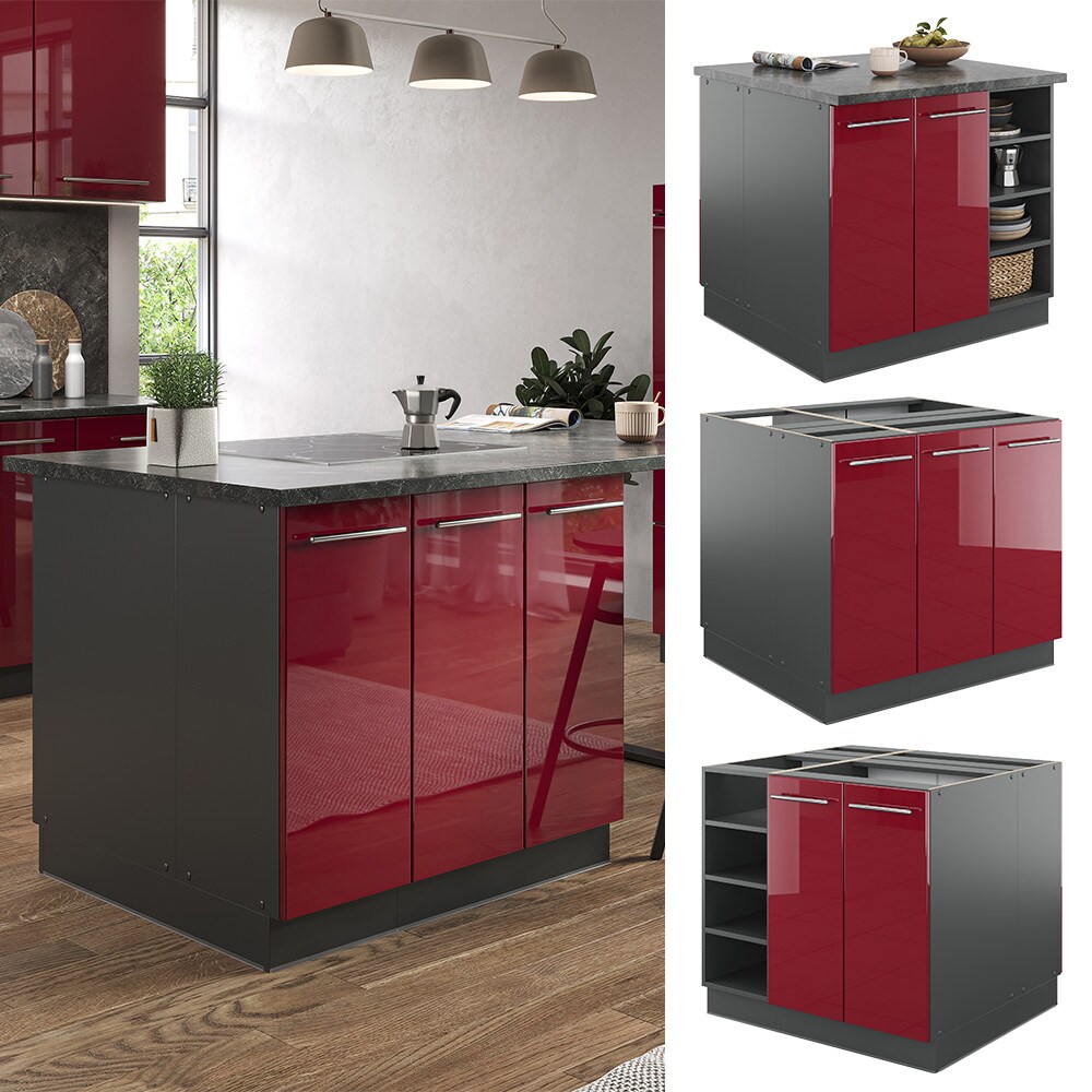 Vicco K&uuml;cheninsel K&uuml;chenblock Einbauk&uuml;che Fame-Line Anthrazit Bordeaux Rot 90 cm modern Hochglanz K&uuml;chen Schr&auml;nke Regalunterschrank K&uuml;chenunterschrank Regalinselunterschrank Softclose-Scharnier K&uuml;chenm&ouml;bel 
