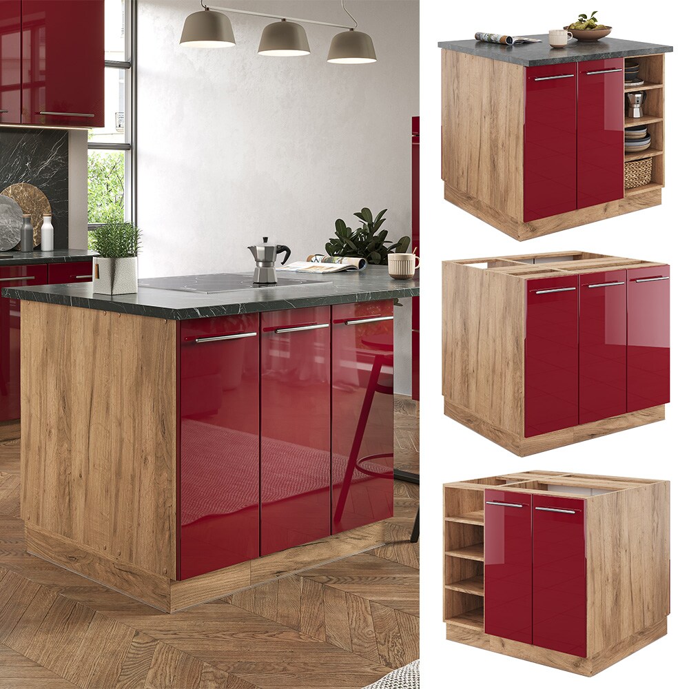 Vicco K&uuml;cheninsel K&uuml;chenblock Einbauk&uuml;che Fame-Line Eiche Bordeaux Rot 90 cm modern Hochglanz K&uuml;chen Schr&auml;nke Regalunterschrank K&uuml;chenunterschrank Regalinselunterschrank Softclose-Scharnier K&uuml;chenm&ouml;bel 