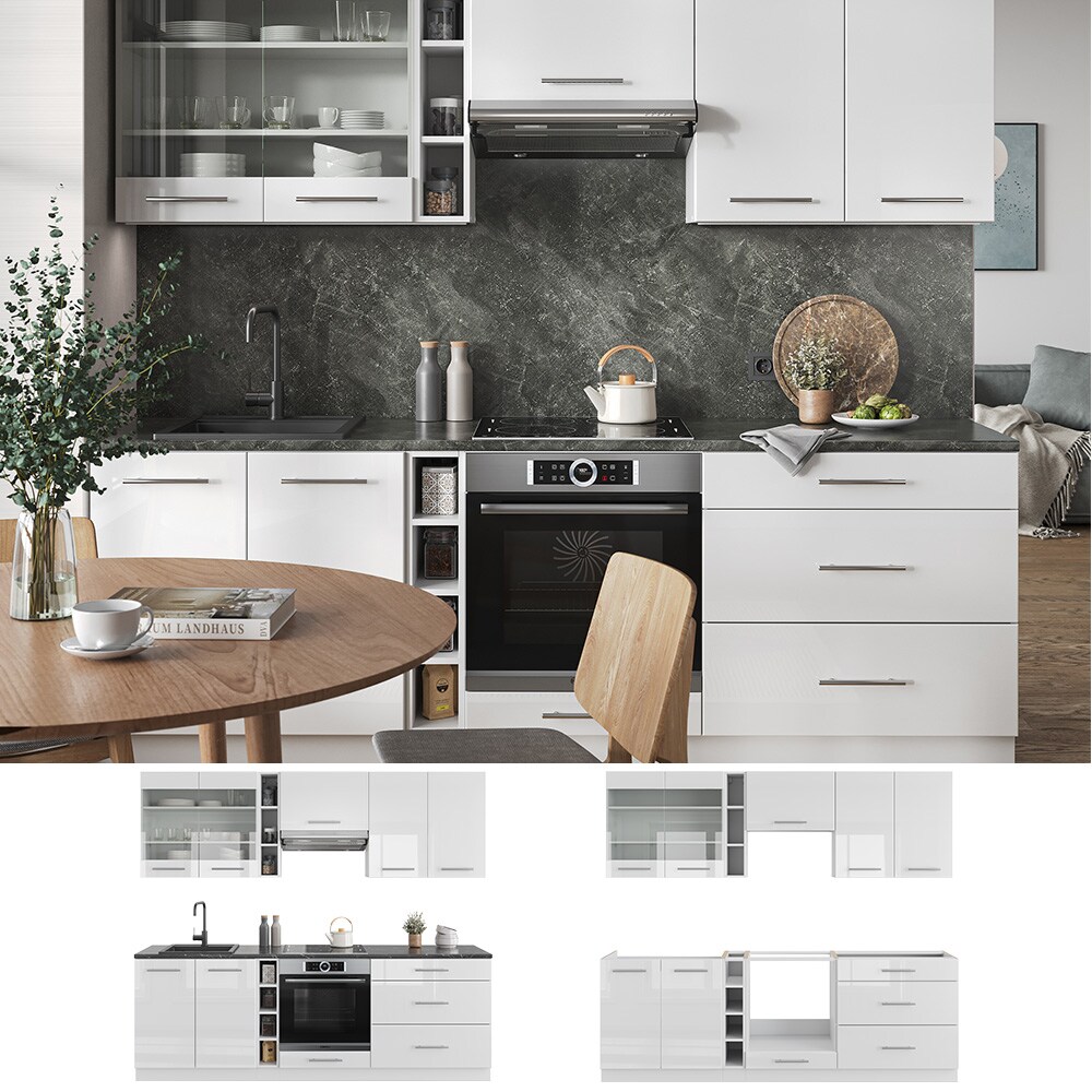 Vicco K&uuml;chenzeile K&uuml;chenblock Einbauk&uuml;che Fame-Line Wei&szlig; 235 cm modern Hochglanz K&uuml;chen Schr&auml;nke H&auml;ngeglasschrank H&auml;ngeschrank Schubladenunterschrank Sp&uuml;lenunterschrank Herdumbauschrank 