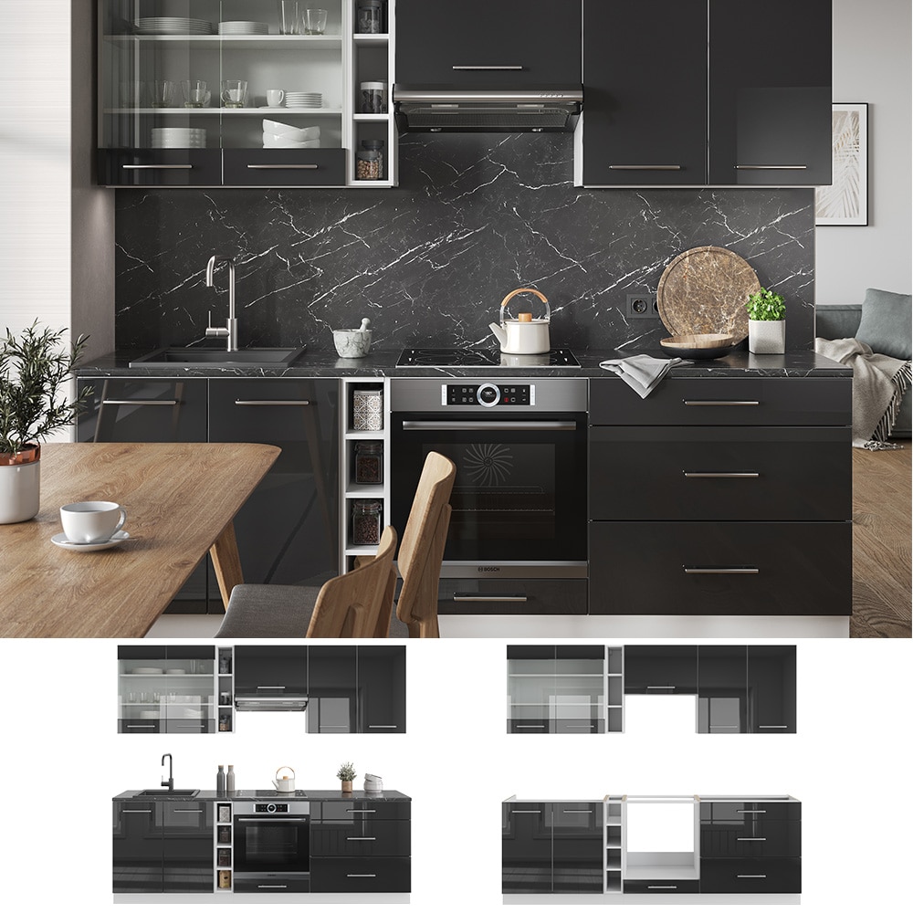 Vicco K&uuml;chenzeile K&uuml;chenblock Einbauk&uuml;che Fame-Line Wei&szlig; Anthrazit 235 cm modern Hochglanz K&uuml;chen Schr&auml;nke H&auml;ngeglasschrank H&auml;ngeschrank Schubladenunterschrank Sp&uuml;lenunterschrank Herdumbauschrank 