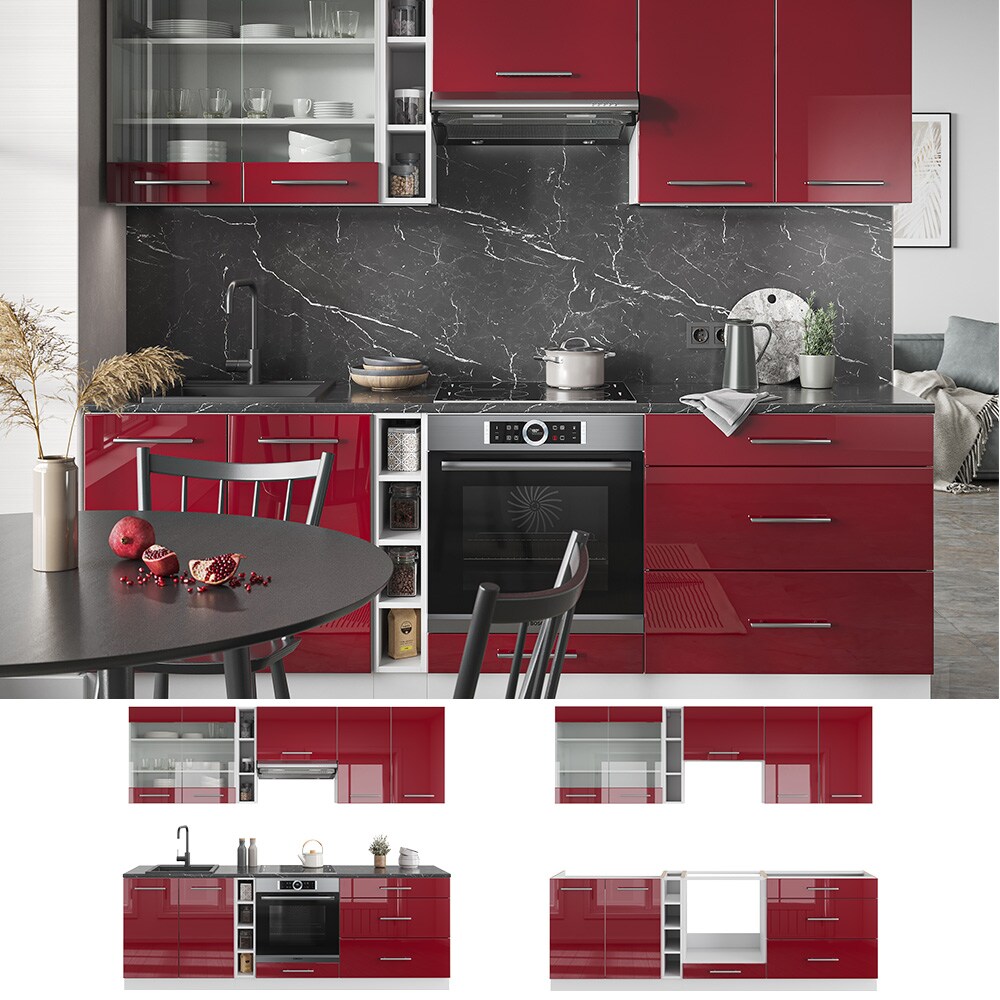 Vicco K&uuml;chenzeile K&uuml;chenblock Einbauk&uuml;che Fame-Line Wei&szlig; Bordeaux Rot 235 cm modern Hochglanz K&uuml;chen Schr&auml;nke H&auml;ngeglasschrank H&auml;ngeschrank Schubladenunterschrank Sp&uuml;lenunterschrank Herdumbauschrank 