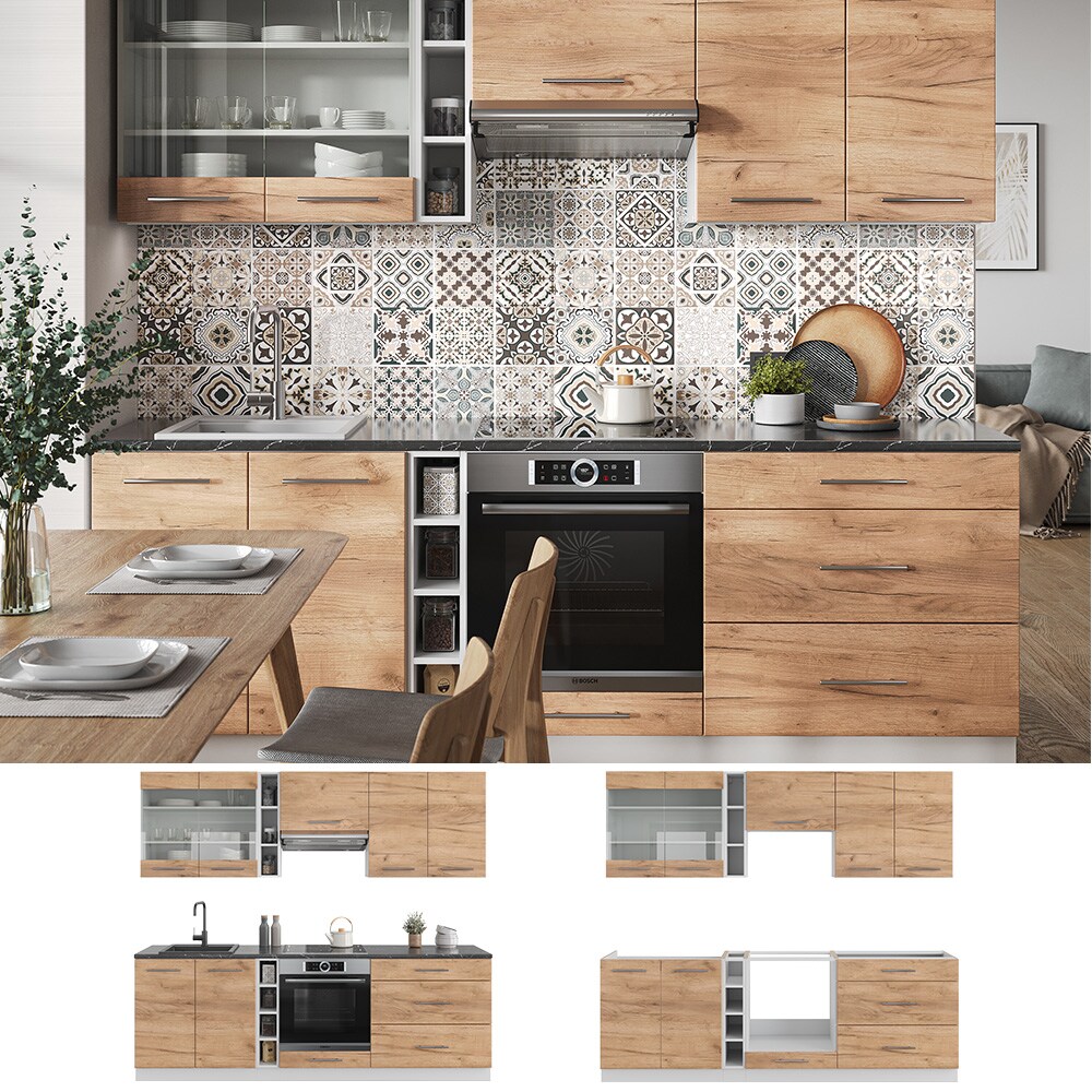 Vicco K&uuml;chenzeile K&uuml;chenblock Einbauk&uuml;che Fame-Line Wei&szlig; Eiche Goldkraft 235 cm modern K&uuml;chen Schr&auml;nke H&auml;ngeglasschrank H&auml;ngeschrank Schubladenunterschrank Sp&uuml;lenunterschrank Herdumbauschrank 