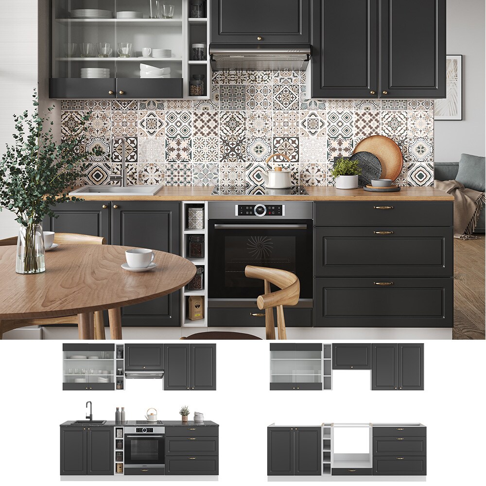 Vicco K&uuml;chenzeile K&uuml;chenblock Einbauk&uuml;che Fame-Line Landhaus Wei&szlig; Anthrazit 235 cm Gold K&uuml;chen Schr&auml;nke H&auml;ngeglasschrank H&auml;ngeschrank Schubladenunterschrank Sp&uuml;lenunterschrank Herdumbauschrank 