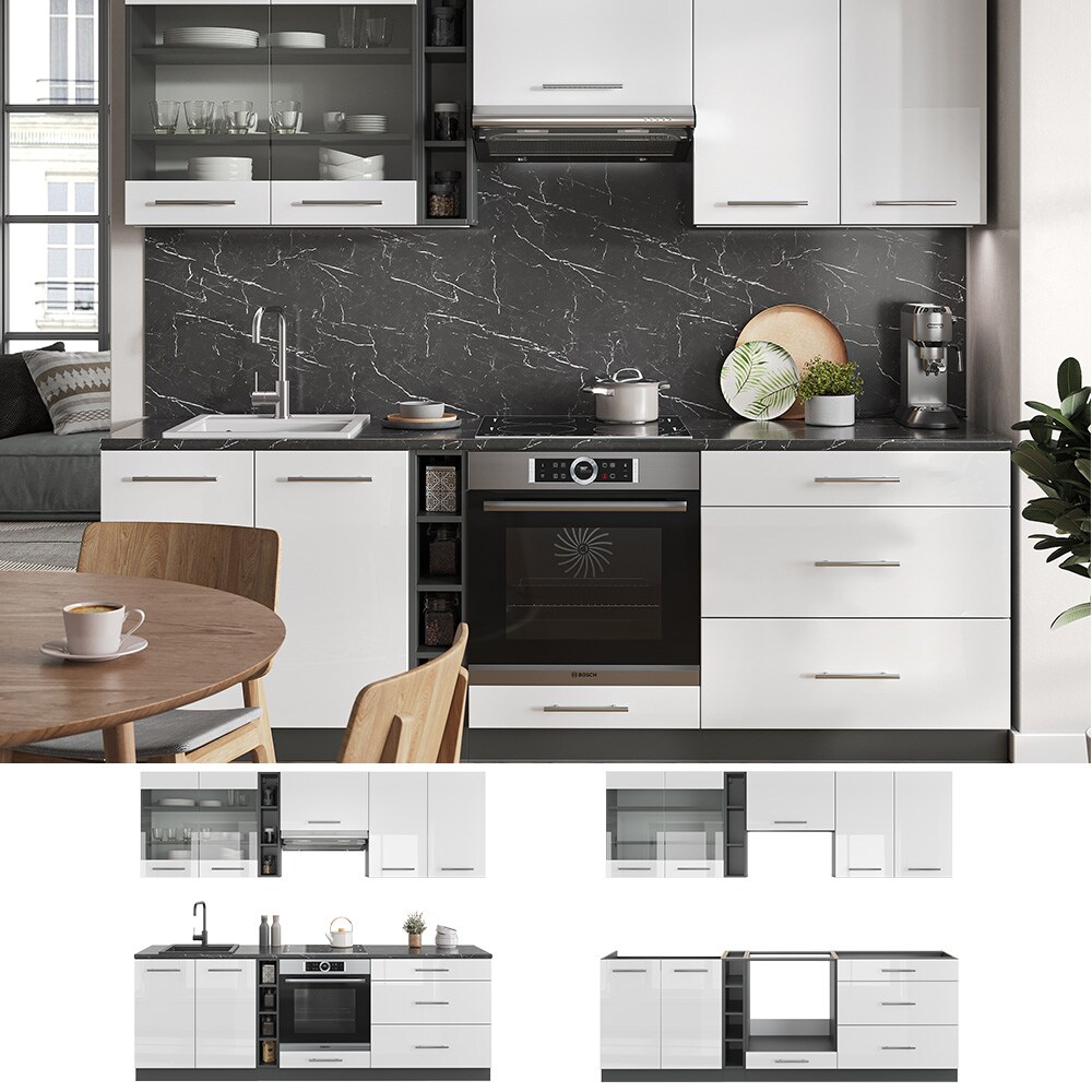 Vicco K&uuml;chenzeile K&uuml;chenblock Einbauk&uuml;che Fame-Line Anthrazit Wei&szlig; 235 cm modern Hochglanz K&uuml;chen Schr&auml;nke H&auml;ngeglasschrank H&auml;ngeschrank Schubladenunterschrank Sp&uuml;lenunterschrank Herdumbauschrank 