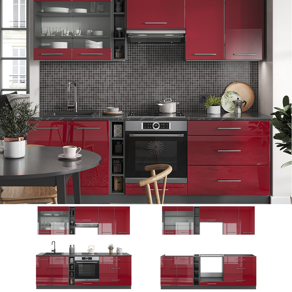 Vicco K&uuml;chenzeile K&uuml;chenblock Einbauk&uuml;che Fame-Line Anthrazit Rot 235 cm modern Hochglanz K&uuml;chen Schr&auml;nke H&auml;ngeglasschrank H&auml;ngeschrank Schubladenunterschrank Sp&uuml;lenunterschrank Herdumbauschrank 
