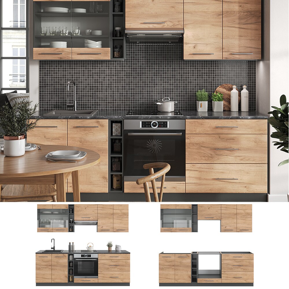 Vicco K&uuml;chenzeile K&uuml;chenblock Einbauk&uuml;che Fame-Line Anthrazit Eiche Goldkraft 235 cm modern K&uuml;chen Schr&auml;nke H&auml;ngeglasschrank H&auml;ngeschrank Schubladenunterschrank Sp&uuml;lenunterschrank Herdumbauschrank 