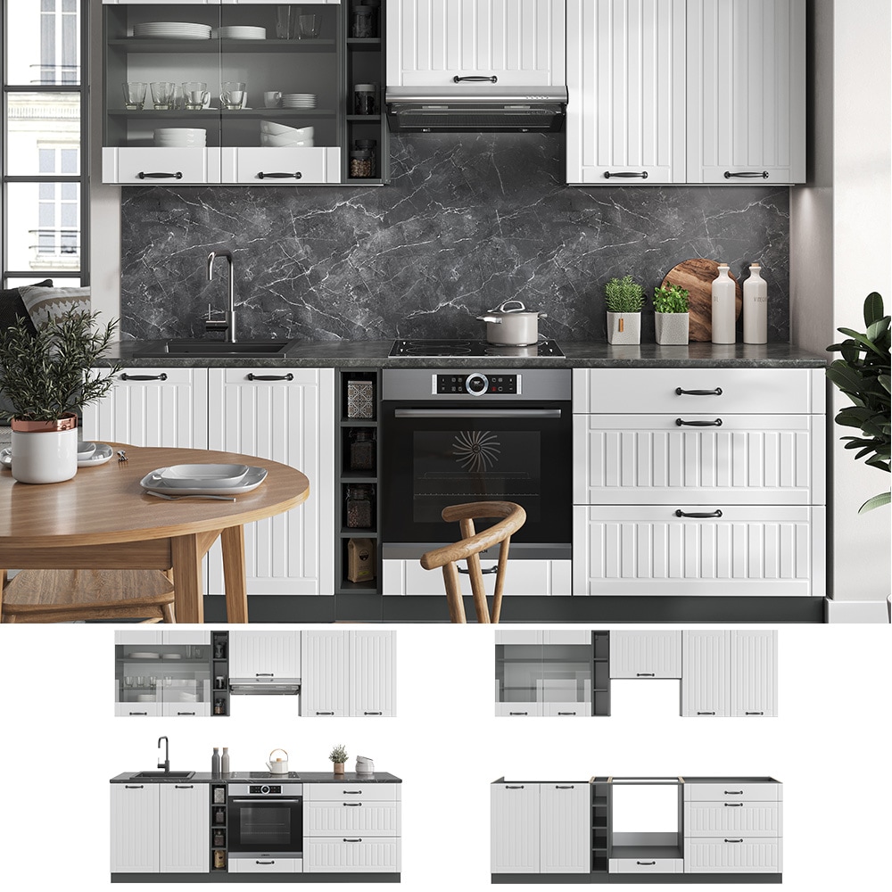 Vicco K&uuml;chenzeile K&uuml;chenblock Einbauk&uuml;che Fame-Line Landhaus Anthrazit Wei&szlig; 235 cm K&uuml;chen Schr&auml;nke H&auml;ngeglasschrank H&auml;ngeschrank Schubladenunterschrank Sp&uuml;lenunterschrank Herdumbauschrank 