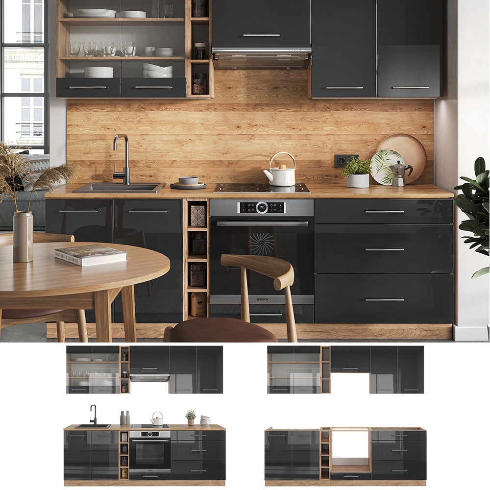 Vicco K&uuml;chenzeile K&uuml;chenblock Einbauk&uuml;che Fame-Line Eiche Anthrazit 235 cm modern Hochglanz K&uuml;chen Schr&auml;nke H&auml;ngeglasschrank H&auml;ngeschrank Schubladenunterschrank Sp&uuml;lenunterschrank Herdumbauschrank 