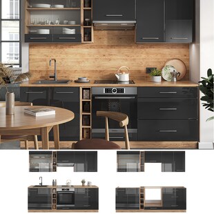 Vicco Küchenzeile Küchenblock Einbauküche Fame-Line Eiche Anthrazit 235 cm modern Hochglanz Küchen Schränke Hängeglasschrank Hängeschrank Schubladenunterschrank Spülenunterschrank Herdumbauschrank 