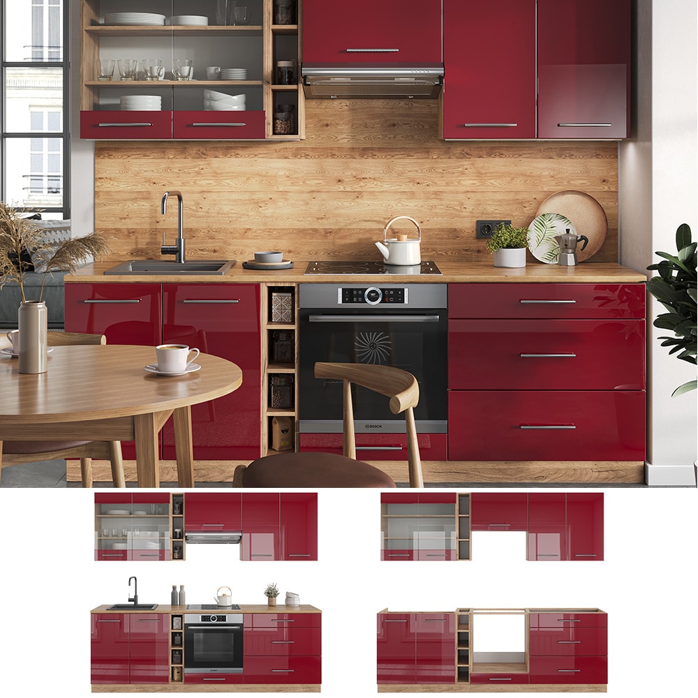 Vicco K&uuml;chenzeile K&uuml;chenblock Einbauk&uuml;che Fame-Line Eiche Bordeaux Rot 235 cm modern Hochglanz K&uuml;chen Schr&auml;nke H&auml;ngeglasschrank H&auml;ngeschrank Schubladenunterschrank Sp&uuml;lenunterschrank Herdumbauschrank 