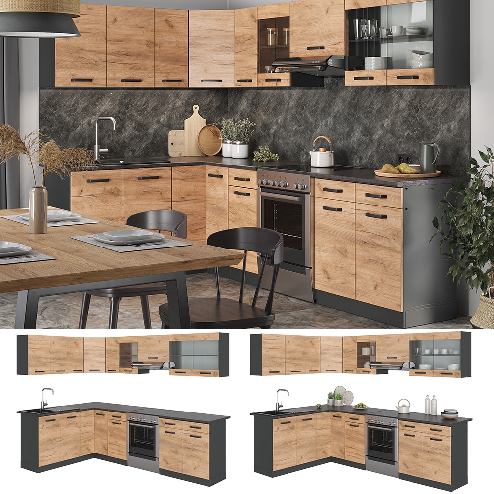 Vicco Eckk&uuml;che K&uuml;chenblock Einbauk&uuml;che Rick Anthrazit Eiche 270 cm modern K&uuml;chen Schr&auml;nke Sp&uuml;lenunterschrank Eck-Unterschrank Eck-H&auml;ngeschrank Arbeitsplatte K&uuml;chenm&ouml;bel K&uuml;chenzeile L-K&uuml;che 