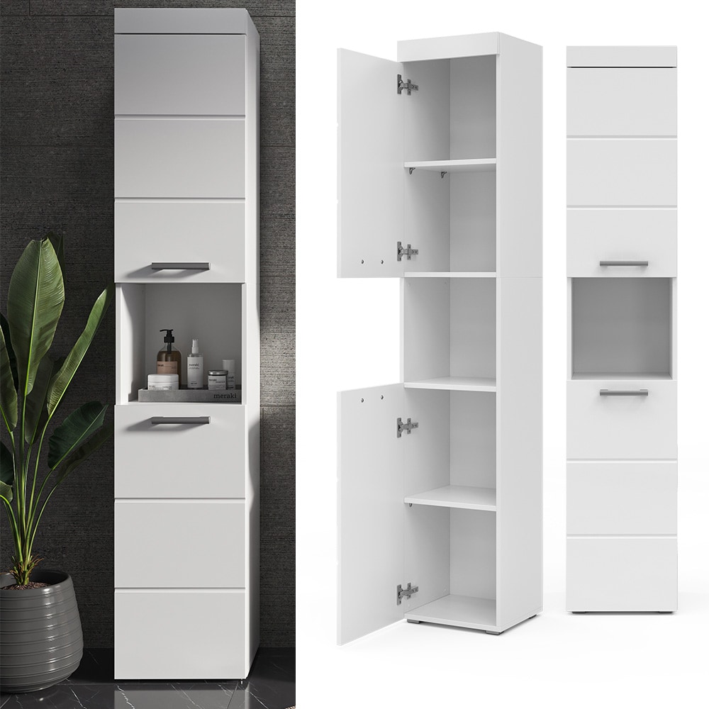 Vicco Hochschrank Badschrank Badezimmerm&ouml;bel Luna Wei&szlig; Skandi 37x190 cm Badezimmer Schrank Badm&ouml;bel Schrankt&uuml;r Schrankfach Ablage Aufbewahrung 
