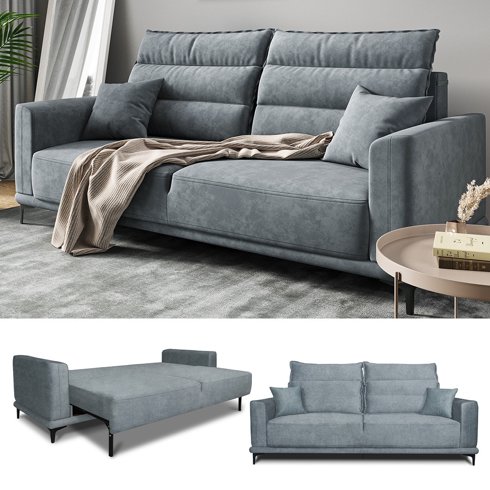 VitaliSpa Schlafsofa G&auml;stesofa Boxspringsofa Caprioli Grau Schlaffunktion 236x100 cm modern Wohnzimmer Sofa Wohnzimmercouch Loungesofa Schlafcouch Klappsofa Taschenfederkern 2-Sitzer 