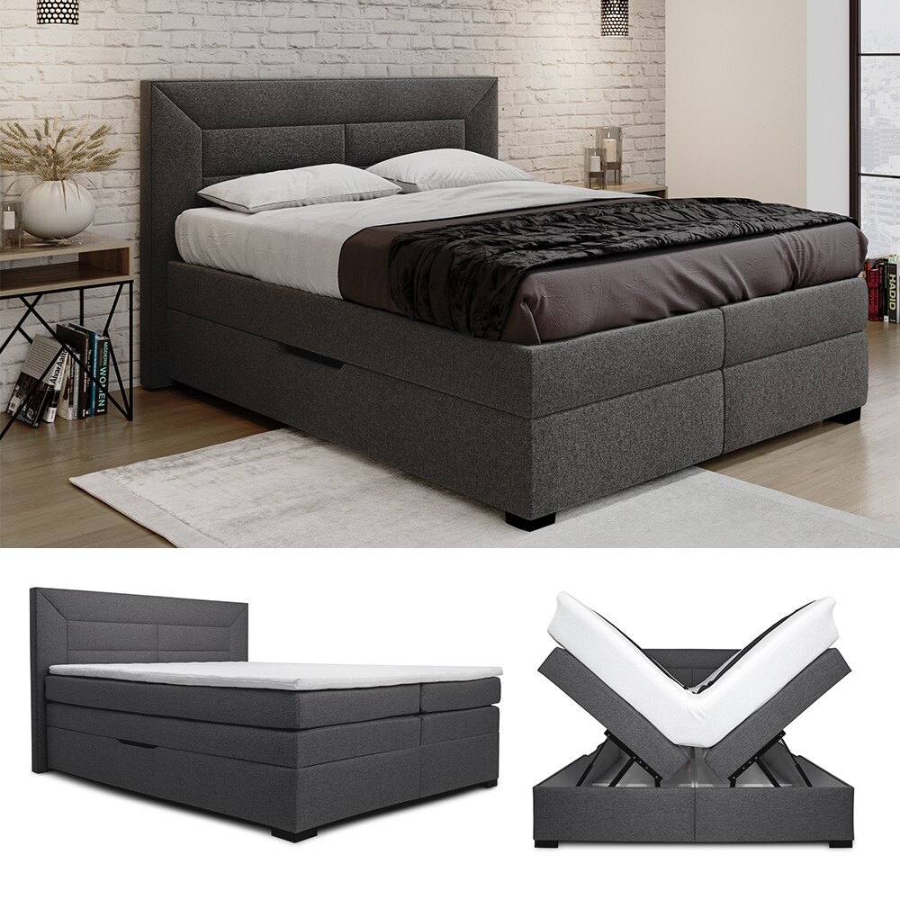VitaliSpa Boxspringbett Doppelbett Ehebett Anthrazit modern 160x200 cm Schlafzimmer Bett Taschenfederkern PU-Komfortschaum Matratze Topper Bettkasten M&ouml;belstoff Aufbewahrung 