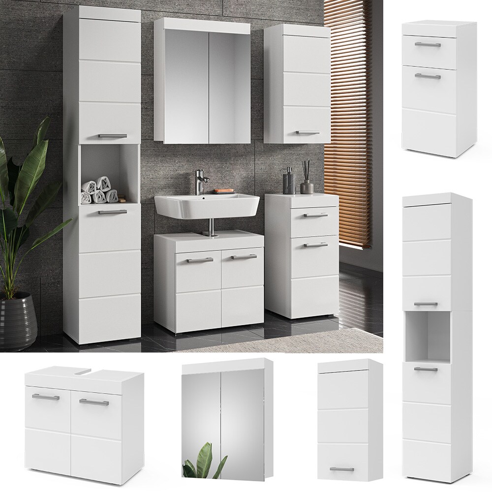 Vicco Badm&ouml;belset Luna Wei&szlig; Skandi Badezimmerschrank Badschrank Waschtischunterschrank Spiegelschrank Midischrank Hochschrank H&auml;ngeschrank Schrankt&uuml;r Schrankfach Schrankschublade Ablage Aufbewahrung 