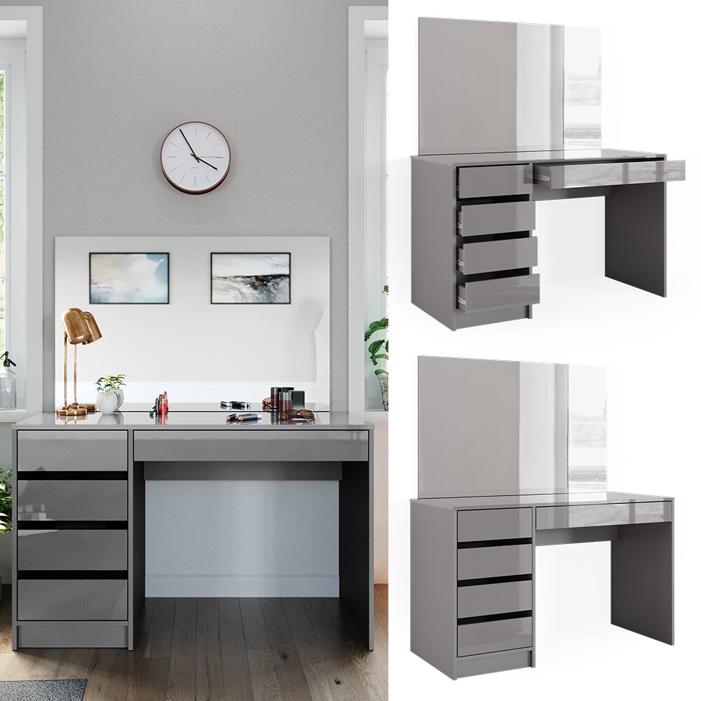 Vicco Schminktisch Frisiertisch Frisierkommode Sherry Grau Schminkspiegel 120x75 cm modern Schlafzimmer Kommode Schublade Ablage Aufbewahrung Kosmetiktisch Make-Up-Tisch Hochglanz 