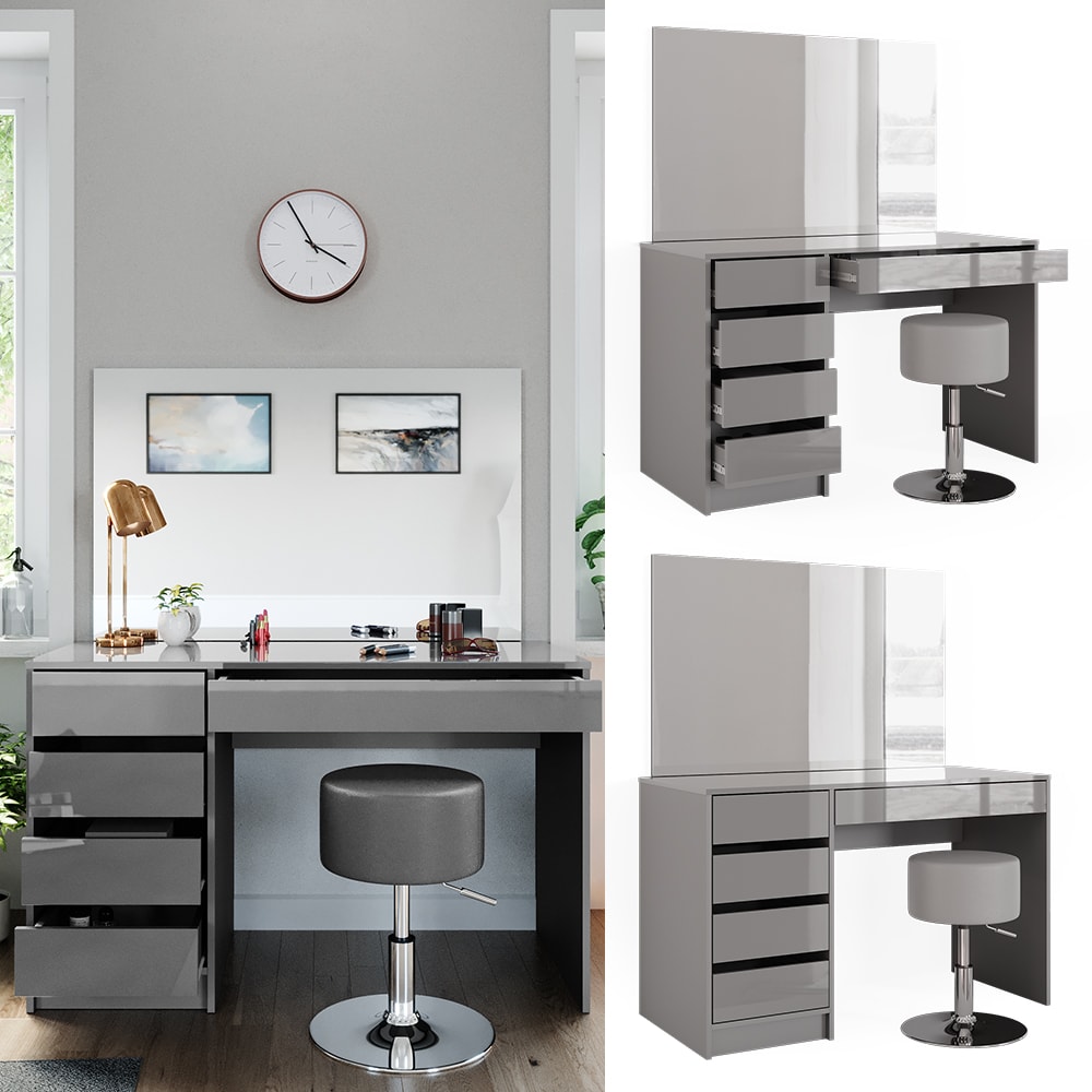Vicco Schminktisch Frisiertisch Frisierkommode Sherry Grau Schminkspiegel Hocker 120x75 cm modern Schlafzimmer Kommode Schublade Ablage Aufbewahrung Kosmetiktisch Make-Up-Tisch Hochglanz 