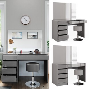 Vicco Schminktisch Frisiertisch Frisierkommode Sherry Grau Schminkspiegel Hocker 120x75 cm modern Schlafzimmer Kommode Schublade Ablage Aufbewahrung Kosmetiktisch Make-Up-Tisch Hochglanz 