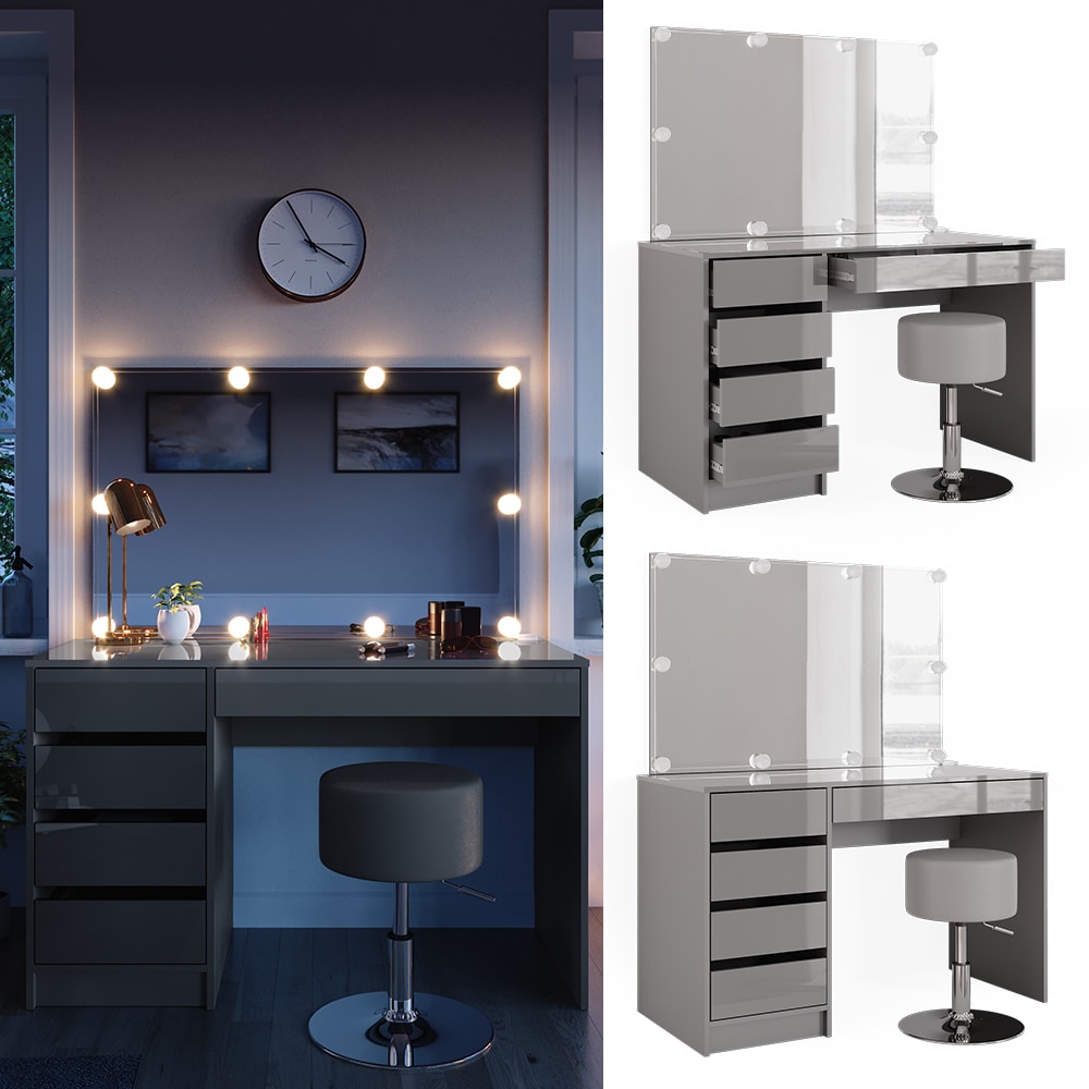 Vicco Schminktisch Frisiertisch Frisierkommode Sherry Grau Schminkspiegel LED Hocker 120x75 cm modern Schlafzimmer Kommode Schublade Ablage Aufbewahrung Kosmetiktisch Make-Up-Tisch Hochglanz 