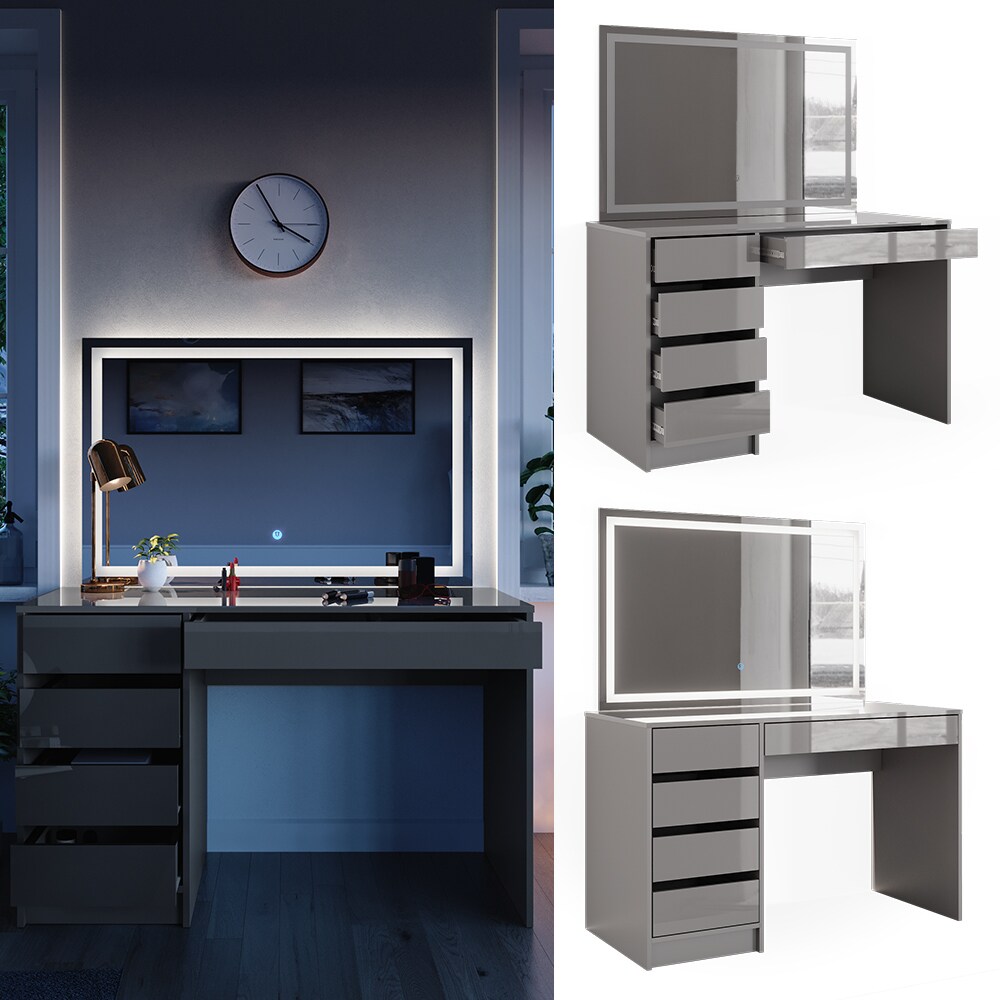Vicco Schminktisch Frisiertisch Frisierkommode Sherry Grau LED-Spiegel 120x75 cm modern Schlafzimmer Kommode Schublade Ablage Aufbewahrung Kosmetiktisch Make-Up-Tisch Hochglanz 