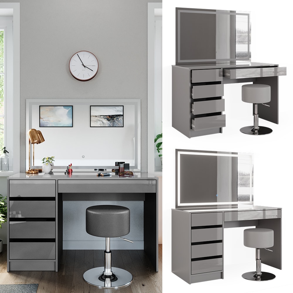 Vicco Schminktisch Frisiertisch Frisierkommode Sherry Grau LED-Spiegel Hocker 120x75 cm modern Schlafzimmer Kommode Schublade Ablage Aufbewahrung Kosmetiktisch Make-Up-Tisch Hochglanz 