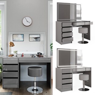 Vicco Schminktisch Frisiertisch Frisierkommode Sherry Grau LED-Spiegel Hocker 120x75 cm modern Schlafzimmer Kommode Schublade Ablage Aufbewahrung Kosmetiktisch Make-Up-Tisch Hochglanz 
