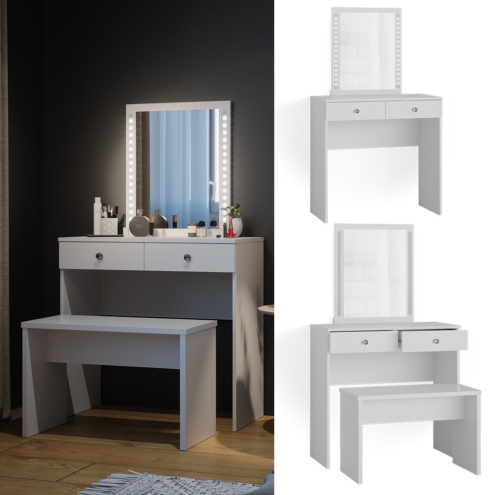 Vicco Schminktisch Frisiertisch Frisierkommode Elara Wei&szlig; LED Spiegel Sitzbank 80x79cm modern Schlafzimmer Kommode Schminkspiegel Schublade Ablage Aufbewahrung Kosmetiktisch Make-Up-Tisch 