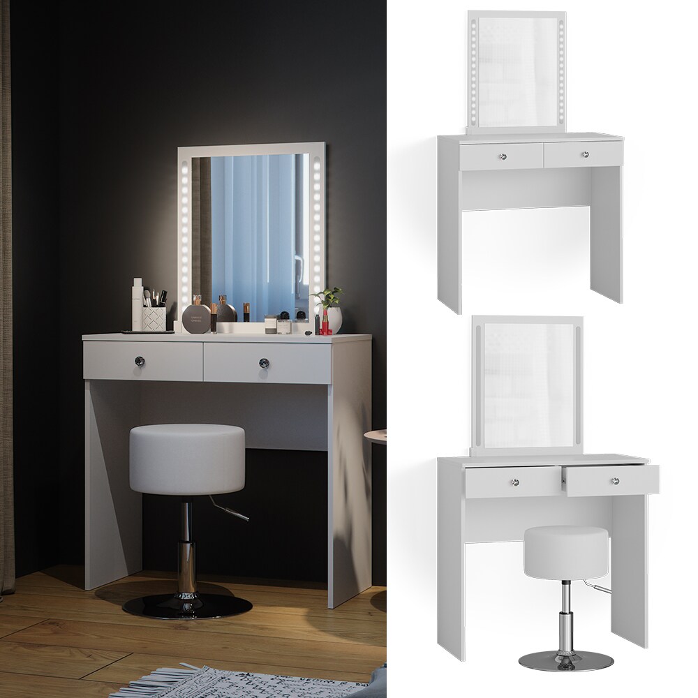 Vicco Schminktisch Frisiertisch Frisierkommode Elara Wei&szlig; LED Spiegel Design Hocker 80x79cm modern Schlafzimmer Kommode Schminkspiegel Schublade Ablage Aufbewahrung Kosmetiktisch Make-Up-Tisch 