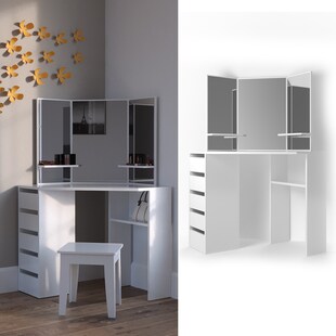 Vicco Eckschminktisch Frisiertisch Schminkkommode Arielle Weiß Spiegel 110x145 cm modern Schlafzimmer Kommode Schublade Ablage Aufbewahrung Kosmetiktisch Schminkkonsole Make-Up-Tisch 
