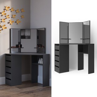 Vicco Eckschminktisch Frisiertisch Schminkkommode Arielle Schwarz Spiegel 110x145 cm modern Schlafzimmer Kommode Schublade Ablage Aufbewahrung Kosmetiktisch Schminkkonsole Make-Up-Tisch 