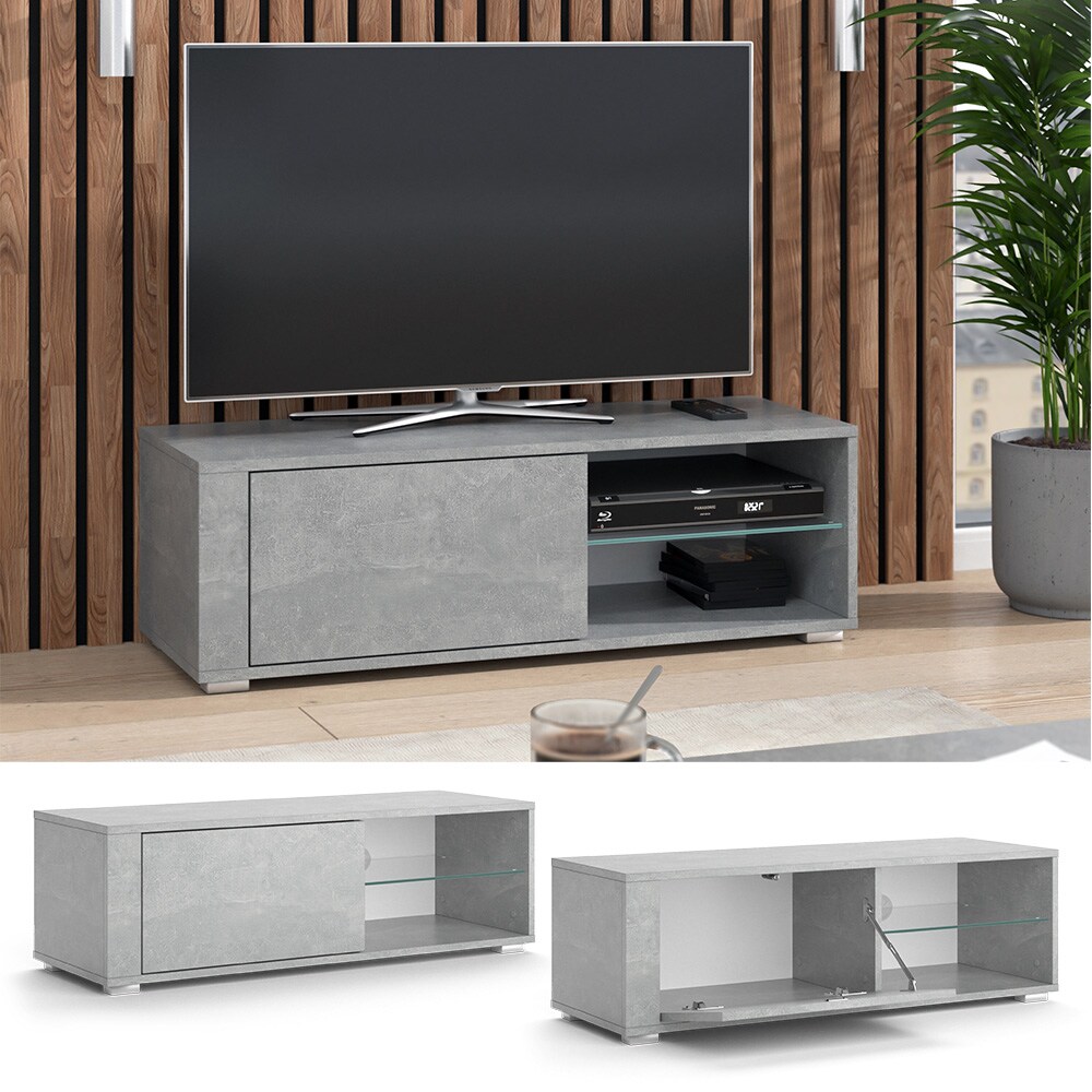 Vicco Lowboard TV-Regal Fernsehregal Boris Beton 100x32 cm modern Push-to-open Wohnzimmer Regal TV-Tisch Fernsehtisch Wohnzimmertisch Ablage Fach Klappt&uuml;r Schrankt&uuml;r Schrankfach Fernseher Glas 