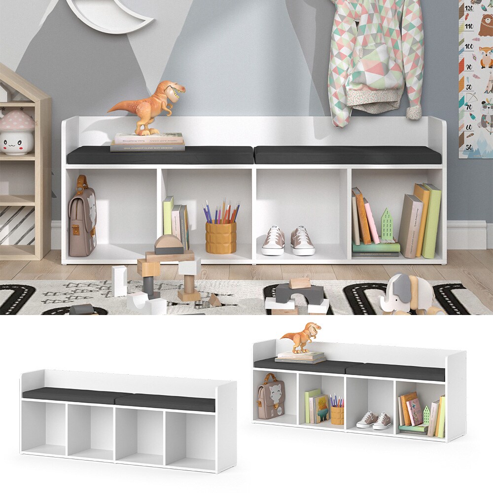 Vicco Sitzbank Kinderzimmerbank Kinderregal Luigi Wei&szlig; 142x53 cm modern Kinderzimmer Regal Aufbewahrungsregal B&uuml;cherregal Lesebank Spielzeugaufbewahrung Organizer Regal-Bank-Kombi 4 F&auml;cher 