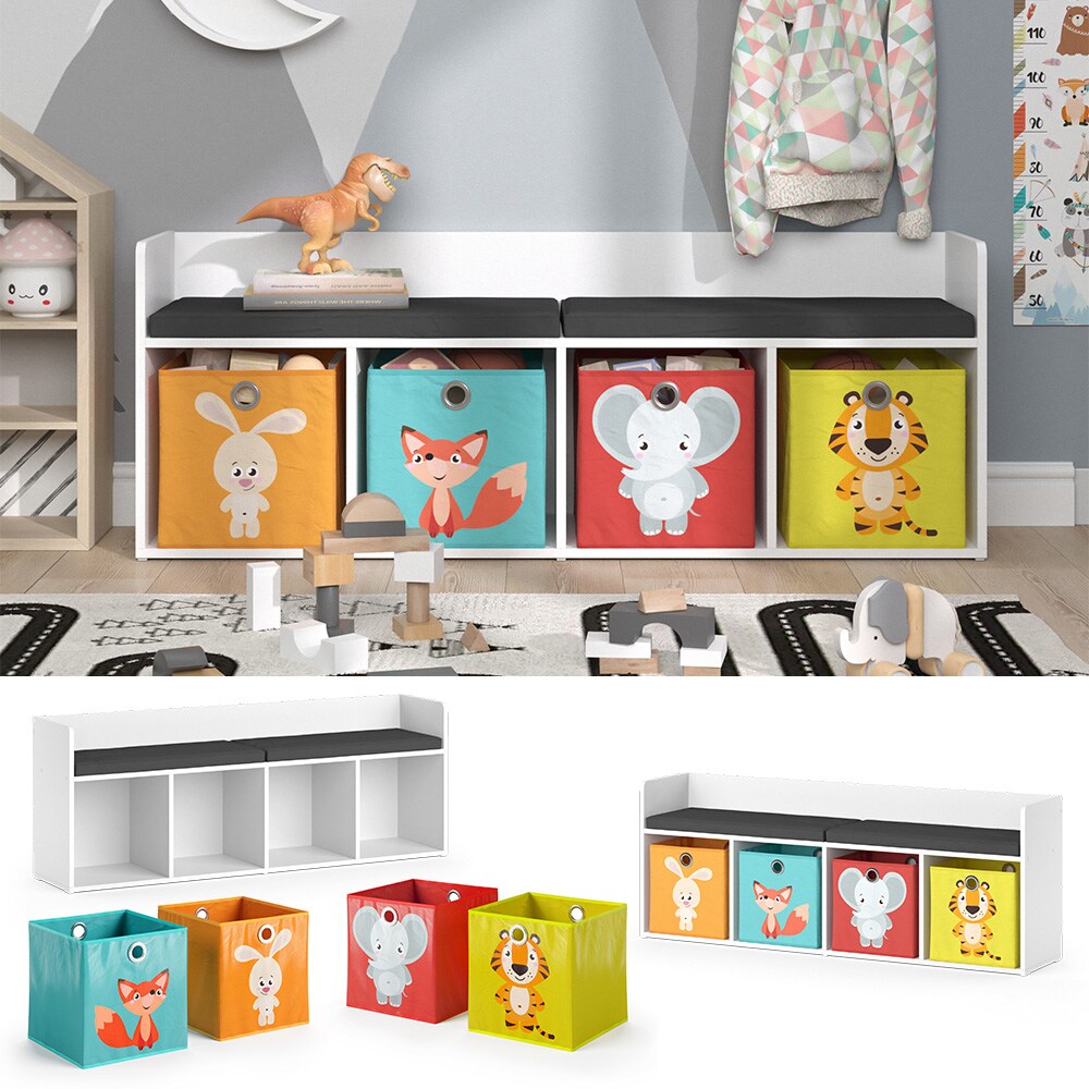 Vicco Bank-Regal B&uuml;cherregal Kinderregal Luigi Hellgrau 107x89 cm modern Faltbox Sitzbank Kinderzimmer Regal Wandregal Spielzeugregal Dekoregal Standregal Aufbewahrung W&uuml;rfelregal Regal-Bank-Kombi 