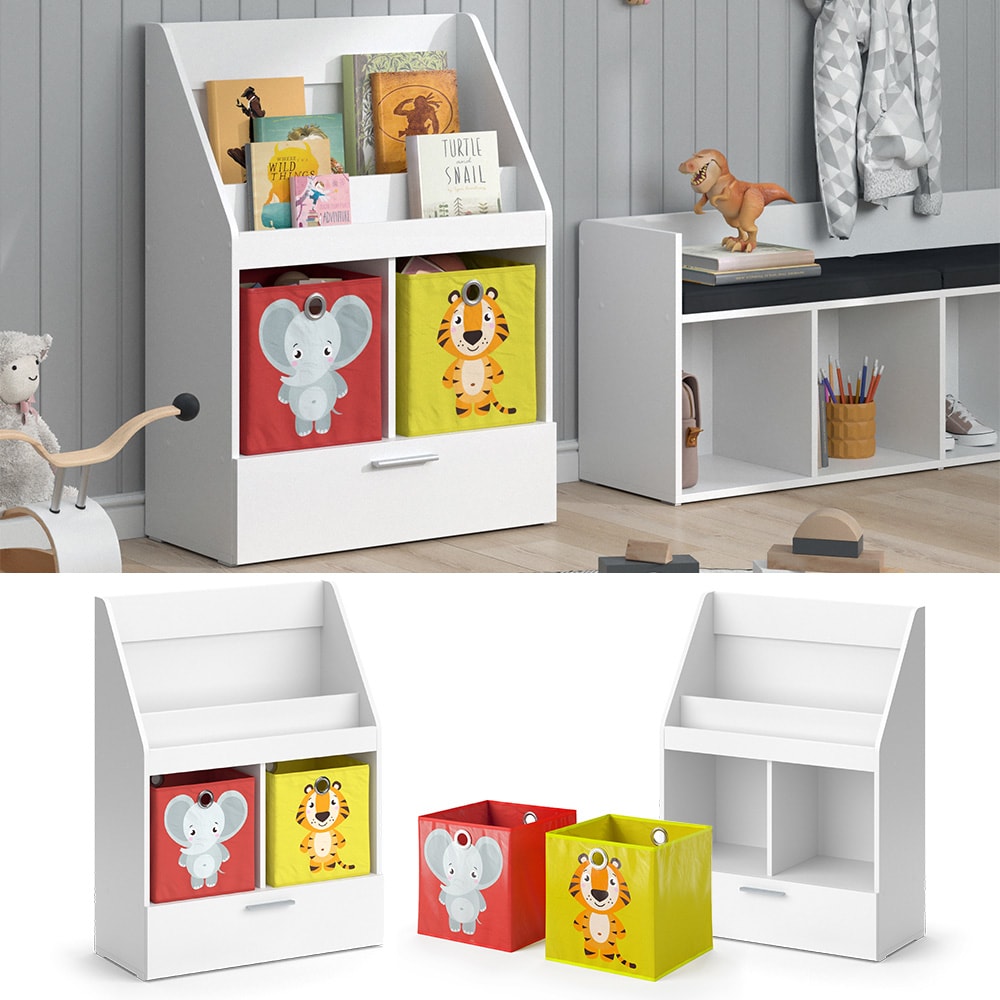 Vicco Kinderregal B&uuml;cherregal Wandregal Luigi Wei&szlig; 72x96 cm modern Kinderzimmer Regal Spielzeugregal Dekoregal Standregal Aufbewahrungsregal W&uuml;rfelregal Schublade Ablage Fach freistehend Faltbox 
