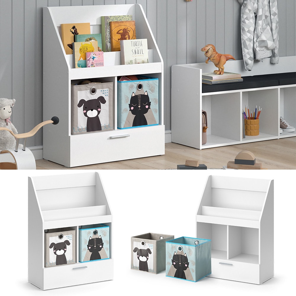 Vicco Kinderregal B&uuml;cherregal Wandregal Luigi Wei&szlig; 72x96 cm modern Kinderzimmer Regal Spielzeugregal Dekoregal Standregal Aufbewahrungsregal W&uuml;rfelregal Schublade Ablage Fach freistehend Faltbox 