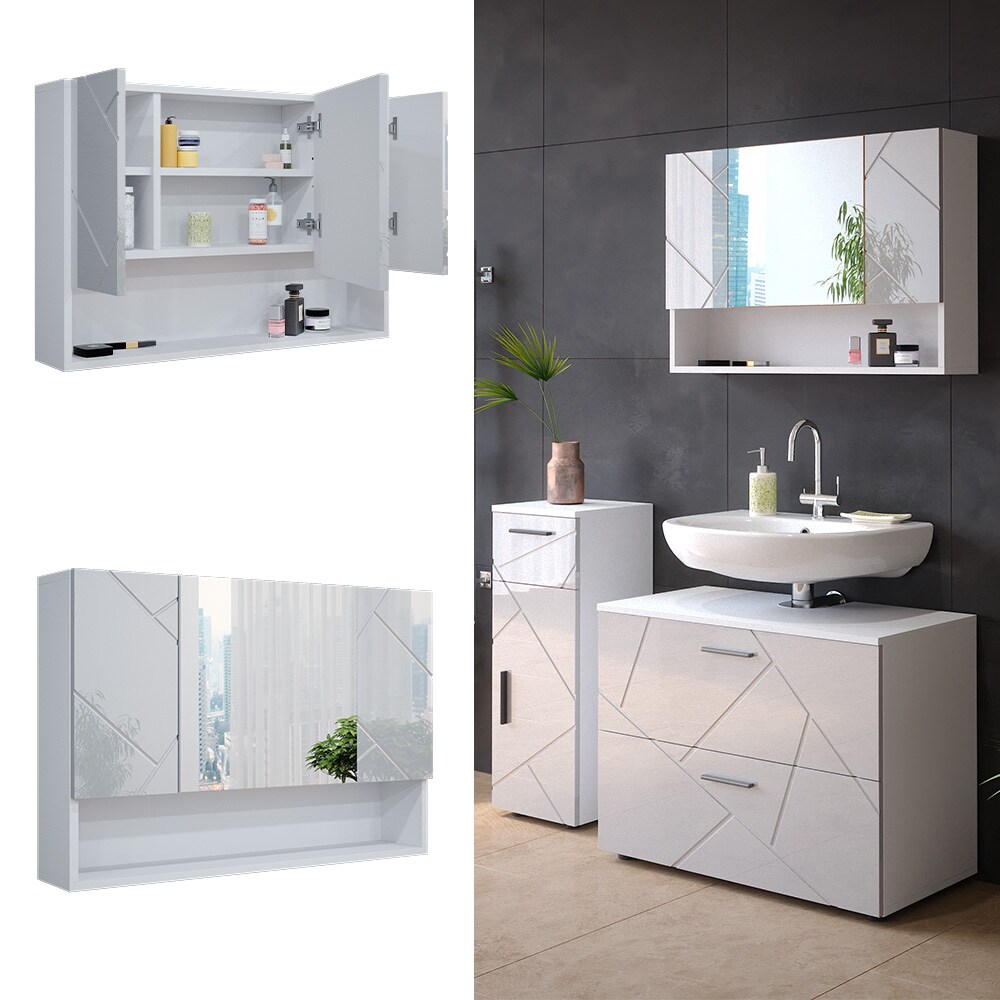 Vicco Spiegelschrank Badspiegel Wandspiegel Irma Wei&szlig; Hochglanz 80 cm modern Badezimmer Spiegel Badezimmerschrank Badezimmerm&ouml;bel Spiegelt&uuml;r Schrankt&uuml;r H&auml;ngeschrank Einlegeboden Regal Ablage 