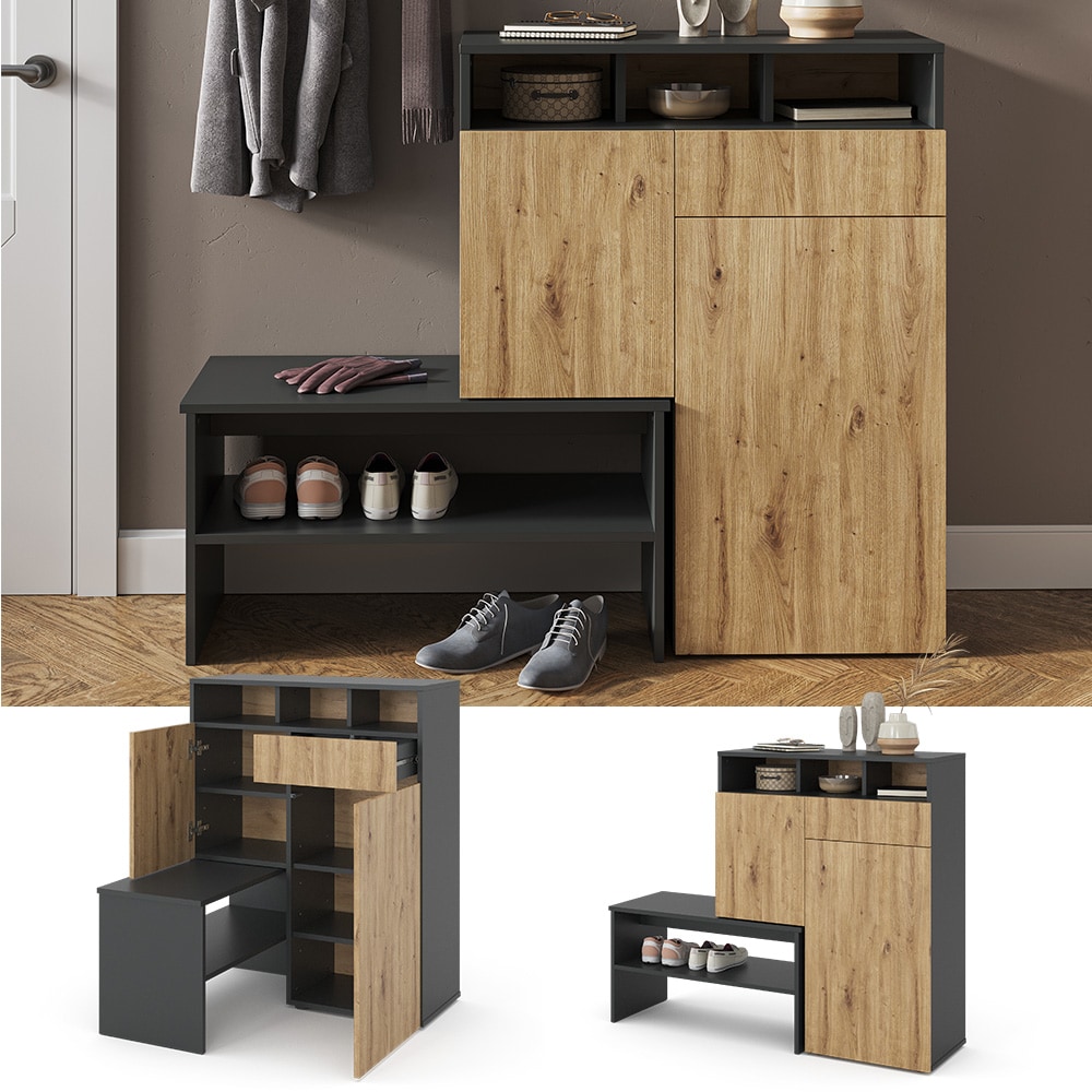Vicco Schuhregal Flurregal Schuhschrank Selena Anthrazit Eiche 125x102 Sitzbank modern Flur Schrank Schuheckschrank Schuhorganizer Schuhablage Flurm&ouml;bel Schrankt&uuml;r Schrankschublade Schrankfach 