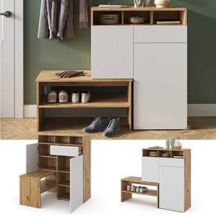 Vicco Schuhregal Flurregal Schuhschrank Selena Eiche Weiß 125x102 Sitzbank modern Flur Schrank Schuheckschrank Schuhorganizer Schuhablage Flurmöbel Schranktür Schrankschublade Schrankfach 