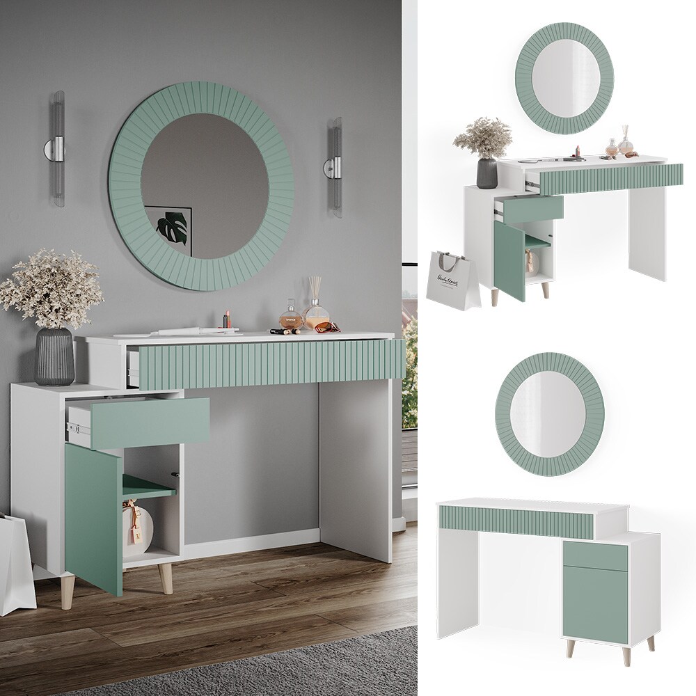 Vicco Schminktisch Frisiertisch Kosmetiktisch Arles Wei&szlig; Mintgr&uuml;n Schminkspiegel 120x77 cm Skandi Schlafzimmerkommode Schminkkommode Schublade Ablage Aufbewahrung Frisierkommode Make-Up-Tisch 